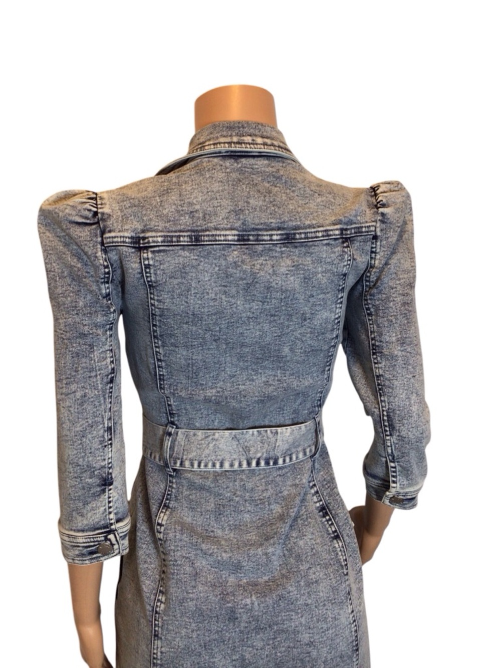 NWOT Venus Denim Midi Dress Sz 6 Puff Sleeve Belted Button Front Stretch - Picture 7 of 12